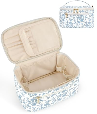 Travel Makeup Bag Quilted Fabric Large Cosmetic Bag with Brush Compartment, Blue Flower