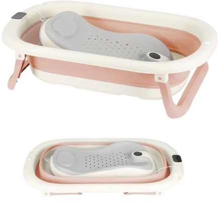 OHMG Vasca da bagno pieghevole con termometro incorporato, vasca da bagno per bambini adatta ai neonati e dispone di un tappetino antiscivolo e di fori di drenaggio, vasca da doccia portatile