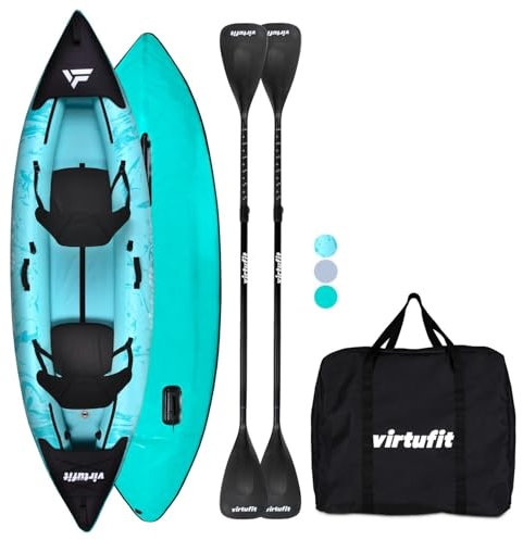 VirtuFit Kajak 335 Aufblasbar – 2 Personen + Option für 3. Sitz – inkl. 2 Paddel, 2 Kajaksitze, Tragetasche & 2 Finnen – für Meer, Fluss & See – stabile Konstruktion – 335 cm – Türkis