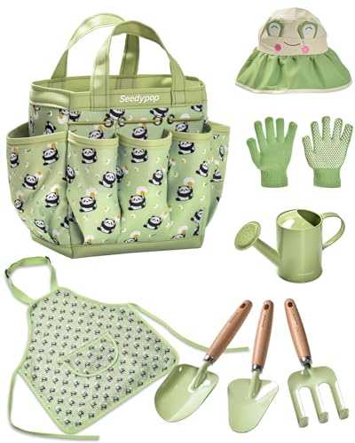 Seedypop Handmade Kids Gardening Tools Set - 8Pc Artisan Garden Kit with Real Wood Handles, Metal Heads, Frog Hat, Panda Apron & Tote - Nature Learning Gift for Toddlers & Kids (Sage Green)