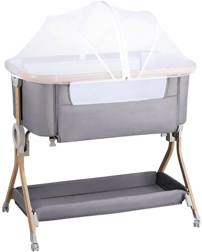 Larex Next To Me Crib，Baby Bassinet Bedside Sleeper Crib Co Sleeper with Mosquito Net, Storage Bag & Basket,Baby Crib with 5-Height Adjustable Levels, Breathable Mattress & Mesh(Dark Grey)
