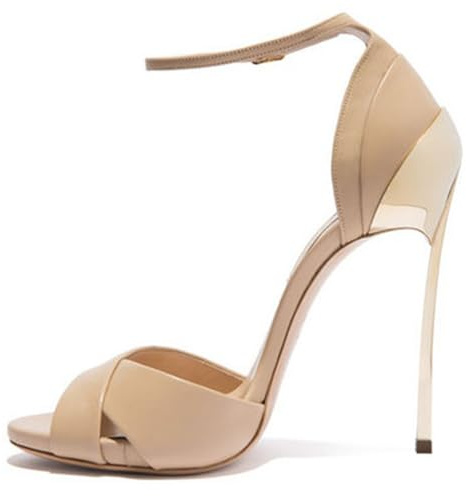 Wtharosa Högklackade sandaler med stilettklack 12 cm för kvinnor kors Peep Toe Strip Ankelrem Klackar Metallvinglasklack för High-End Nattliv Klubbar, Beige, 40 EU