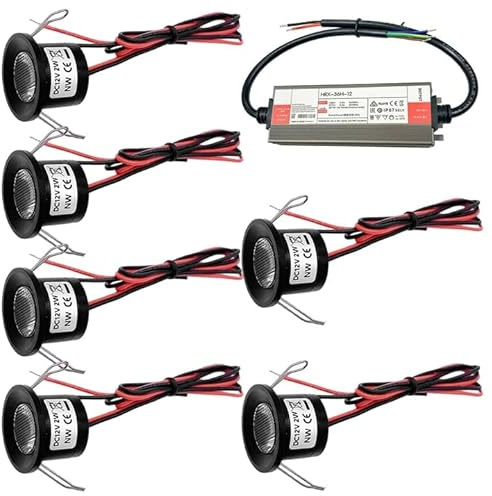 6 st infälld LED-spotlight, 12 V 2 W mini LED-spotlight, små spotlights, vattentät pilot downlight, tak för kök vardagsrum carport trappa korridor (svart varm vit 3 000 k)