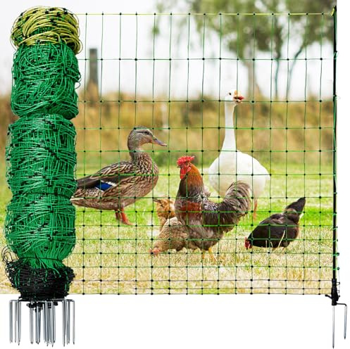 Poultry Netting Electric Fence, Electric Poultry Enclosure for Chickens, Ducks, Turkeys, 47.2 H x 164'L, PE Net Fencing Kit with Posts & Double-Spiked Stakes, Used in Backyards, Farms