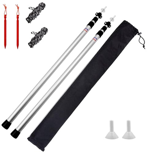 Umisu Lot de 2 Poteaux Télescopiques en Aluminium 2,3M, Réglable Support de Bâche Tente Voile Ombrage, Accessoire Camping Jardin Auvent, avec Piquets et Cordes de Vent