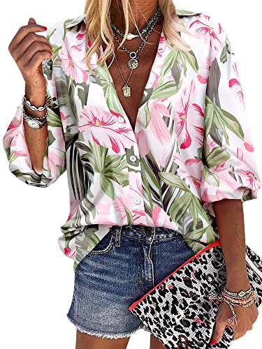 Yihelian Hawaiiskjorta för damer, sommar blus med blommor och ananastryck, knappar, Hawaiiskjorta med 3/4 ärmar, V-ringning, skjortblus, strandtshirt, Hawaii outfit, blustshirt, Toppar för strand och
