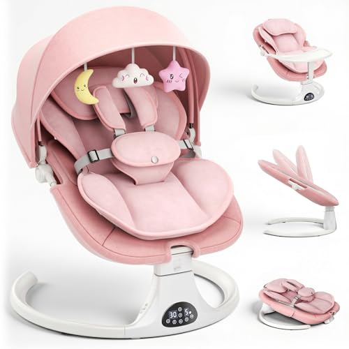 Respaldo Ajustable Hamaca para Bebé, Eléctrica Silla Mecedora de Bebé con Cojín Desmontable y Mesa Auxiliar Desmontable, Control Remoto Hamaca Bebe 5Velocidades de Columpio y 12 Melodias (Rosa)