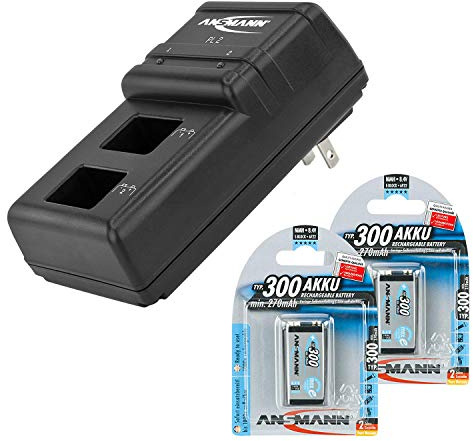 Ansmann 9V Battery Charger Powerline 2 for 1-2 NiMH / NiCd Rechargeable Batteries - 9 Volt, 2 Bay Individual Cell Recharger with 2-Pack 300mAh Batteries