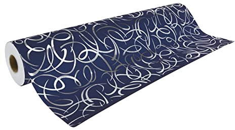 Clairefontaine 211953C - Rolle Geschenkpapier Premium, 50m x 70cm, 80g, 1 Rolle, Arabeske Silber mit blauem Hintergrund
