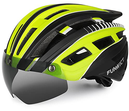 FUNWICT Fahrradhelm Herren Damen Helm Fahrrad mit Abnehmbarer Magnetische Brille und Innenfutter LED-Rücklicht Fahrradhelm mit Visier zum Radfahren (BlackYellow)