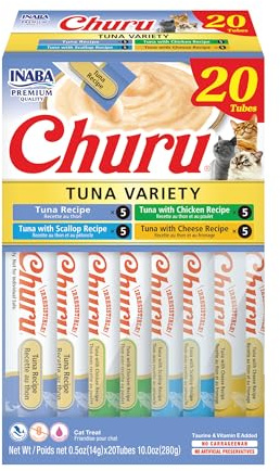 INABA Churu Cat Treats, Lickable, Squeezable Creamy Purée Cat Treat with Green Tea Extract & Taurine, 0.5 Ounces Each Tube, 20 Tubes, Tuna Variety Box