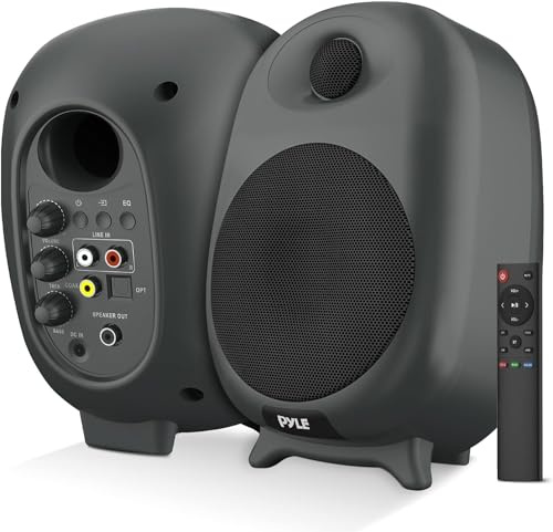 Pyle HiFi 60W Powered Bluetooth Bookshelf Monitor Speaker Set, Optical RCA Input, Bass/Treble Adjustable, Deep Bass, 3 Audio Mode, Studio Computer Desk Stereo System, Remote Control, Black - PBKSR40