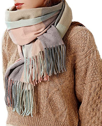Bakicey Bufanda XXL para mujer, cálida, suave, de punto, a cuadros, bufanda de invierno, bufanda de otoño, bufanda de lana para mujer, bufanda para el cuello, bufanda de poncho, azul rosa, XXXL