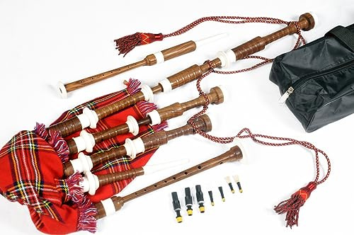 Hakam Din - Cornamusa Great Highland in legno naturale di cobolo con supporti in finto avorio e corda di copertura tartan, per studenti, kit completo per principianti (lingua italiana non garantita),