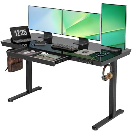 Claiks Glas Höhenverstellbarer Schreibtisch 140x60 Elektrischer Steh-Sitz-Schreibtisch mit robuster Glasplatte Leiser Motor für Homeoffice & Büro Ergonomisches Design für gesundes Arbeiten (Schwarz)