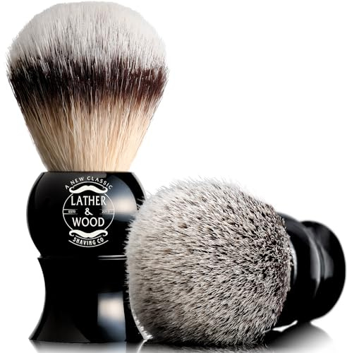 Lather & Wood Shaving Brush for Men- Premium 100% Synthetic Silvertip Hair - with Travel Case - Black Obsidian Acrylic Handle