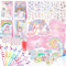 zycBernoi Einhorn Party Mitgebsel, Gastgeschenke Kinder Einhorn Deko Einhorn Party Set mit Tüteng, Einladungskarten, Strohhalme, Schnapparmband und Tattoos für Mädchen Einhorn Party