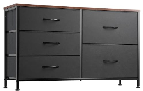 Nicehill Dresser for Bedroom with 5 Drawers, Storage Organizer, Wide Chest of Drawers for Closet, Clothes, Kids, Baby, TV Stand, Wood Board, Fabric Drawers(Black)