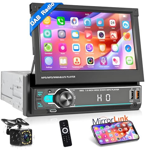 Autorradio para Coche Motorsi 1 DIN con A-pple CarPlay y Android Auto, Pantalla Táctil Retráctil de 7 Pulgadas, Manos Libres Bluetooth, Radio Dab, FM, SWC, Mirror Link, USB y Cámara de Visión Trasera
