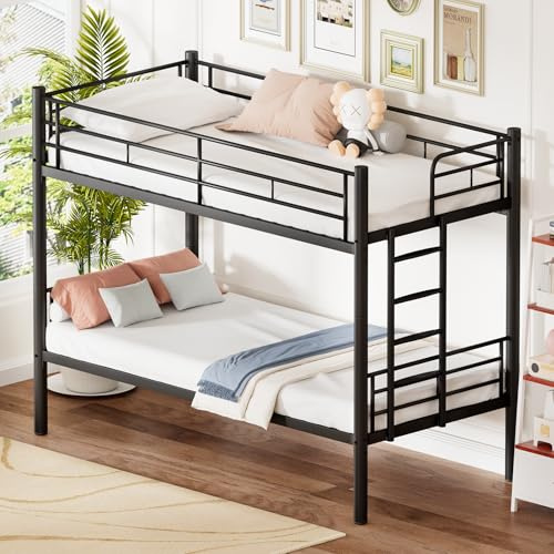 hrijusdif Letto a Castello in Ferro 90 x 190 cm, 2 in 1 Staccabile, con Ringhiera, Scala metallica, per Adolescenti e Adulti, Stile Industriale (Nero-Regolare)