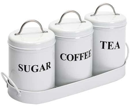 ZoeQide Juego de 3 recipientes de metal para café en polvo, té, azúcar, con | Las latas de té sueltas organizan recipientes de metal redondos con sus propias tapas de cierre juntos en la bandeja de la