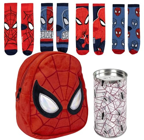 Lucky Boxer Spiderman Mochila Pequeña Infantil de Spiderman-Licencia Oficial Marvel, Unisex niños + Pack de 4 Calcetines infantiles diseño Spiderman Talla 31-34 Niños (Pack de 1)