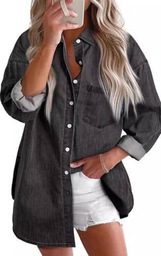 EUDOLAH Donna Camicia Cardigan in Denim Morbido Taglio Largo con Collo Polo Elegante per Lavoro e Uscite(M,Grigio Scuro)