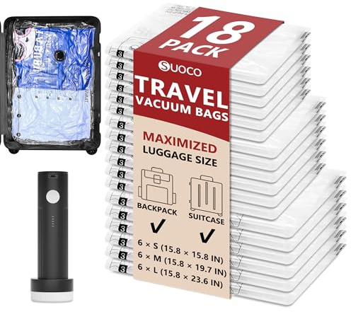 Vacuum Seal Bags for Travel with Rechargeable Pump, 18 Pack Carry on Compression Packing Bags for Luggage, Backpack and Suitcase, Space Saver Storage Organizer for Clothing Clothes