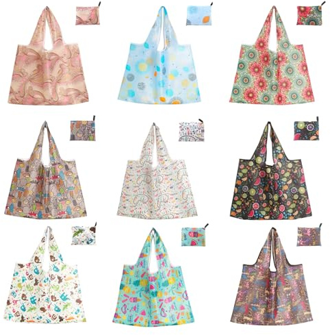 Paquete de 9 bolsas de compras plegables reutilizables | Bolsas de mano | Bolsas de comestibles con gancho | Bolsas de compras ecológicas de reciclaje de viaje en el bolsillo | Impermeable y lavable a