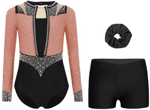 CHICTRY Bambina Body Ginnastica Artistica con Pantaloncini e Fascia per Capelli Leotards Manica Lunga Strass Body Danza Classica Tuta da Balletto Ballerina Rosa A 15-16 anni