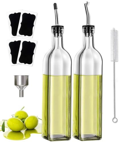 Showvigor Set dispenser per olio d'oliva e aceto, 500 ml, in vetro senza piombo, con 2 ugelli, imbuto, pennello, etichette, set regalo da cucina per cucinare e condire l'insalata (confezione da 2)