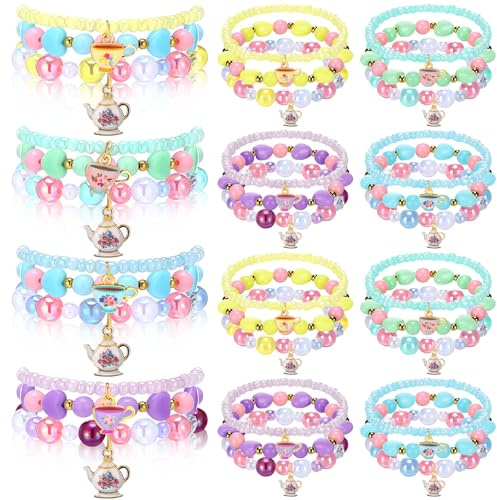 Cunno 36 Pcs Tea Party Favors Bracelets Bulk for Girls Kids Teapot Beaded Bracelets Tea Princess Party Favors Supplies Accessories Pendant Gifts for Little Girls Toddler Birthday Decorations, 4 Colors