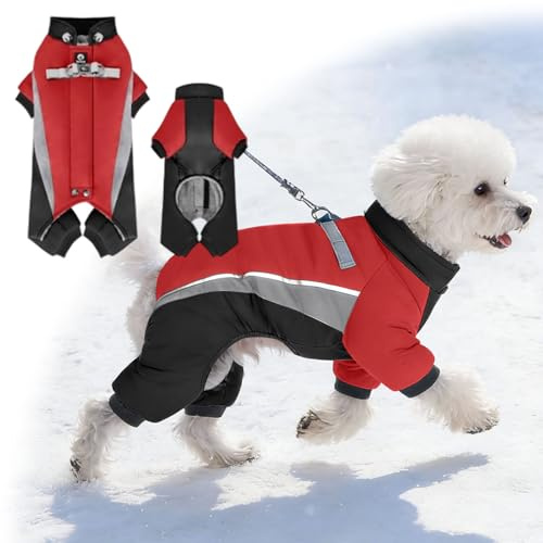 Dog Winter Coat, Fullbody Cover Jacket Warm Fleece Dog Snowsuit with Harness Built in, Waterproof Windproof Puppy Puffer,4-Legged Reflective Dogs Vest Turtleneck Cold Weather Coat (red, 33X22CM)