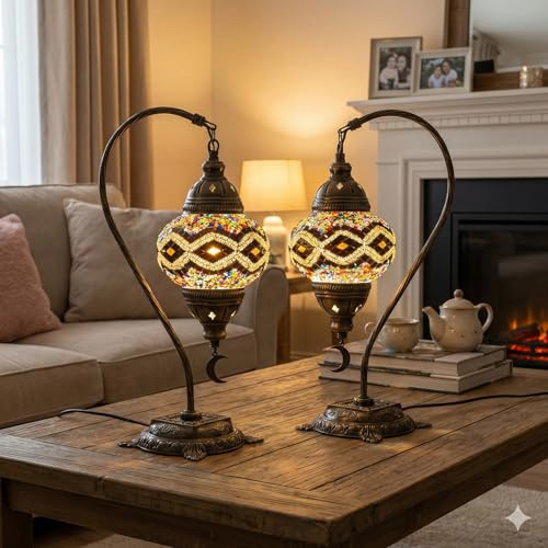 2X Turkish Moroccan Mosaic Table Lamp Swan Neck Stained Glass Bedside Light with 3 Color Options LED Bulb (Gold)