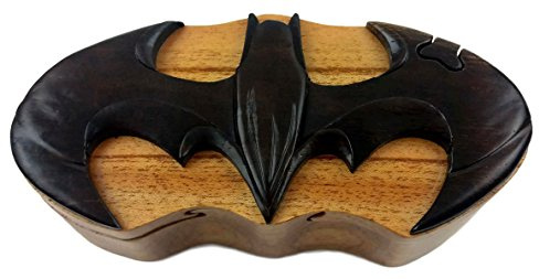 Oberstuff.com Batman, All Natural Exotic Woods Puzzle Box, 6.75 x 3 x 2 with Sliding Wooden Key Lock, Sliding Cover and Inner Lid to Hidden Compartment. Hand-Made Wood Onlay Design on Lid.