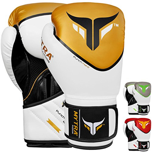 Mytra Fusion guantoni da boxe 10 oz 12 oz 14 oz 16 oz guantoni boxe per l'allenamento di pugni sparring Muay Thai guantoni Uomini e donne guanti boxe (White/Gold, 14-oz)