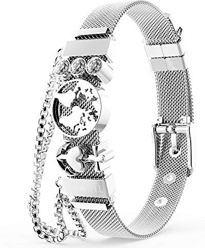 THIORA Damen Armband mit Anhängern | Premium Edelstahl | Weltkarte Anker Glitzer | Charmband | Geschenk (Summer Dream - Silber)