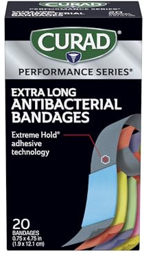 CURAD Performance Series IRONMAN Antibacterial Bandages, Extreme Hold Adhesive Technology, Extra Long Flexible Fabric Bandages for Cuts, Scrapes, & Burns, Assorted Colors, 0.75 x 4.75 inches, 20 Count