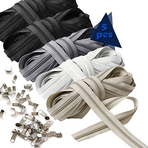 Reißverschluss Endlos, ARPDJK 5 Stücke 2M x 3.3CM Nylon Endlosreissverschluss mit Zipper und Endstück, Spiralförmig Teilbar Reissverschluss - Weiß, Schwarz, Grau, Hellkhaki