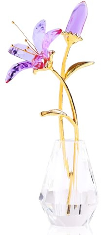 YWHL Purple Lily Flower Gifts for Women, Handmade Crystal Lily Flower Figurine Collectible with Vase, Home Wedding Party Decor