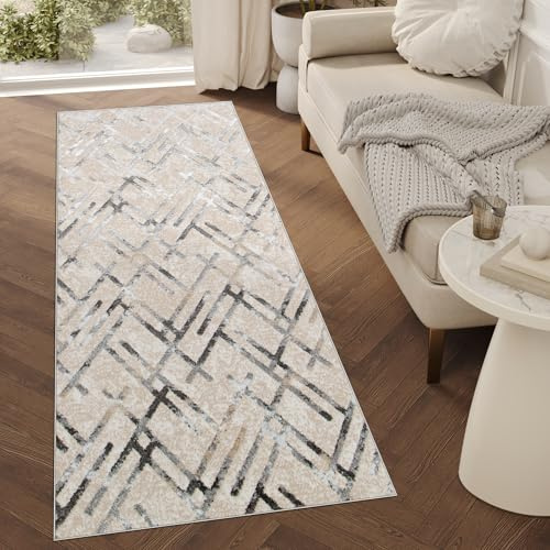 TAPISO Crystal Teppich Läufer Glänzend Grau Beige Schwarz Modern Gitter Verwischt Muster Wohnzimmer Schlafzimmer Flur Eingang ÖKO-TEX 70 x 300 cm