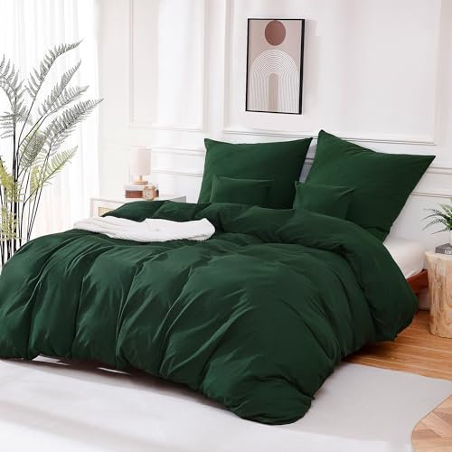 ATsense Bettwäsche 135x200 Baumwolle 2teilig, Stonewashed Bettwäsche-Sets Waldgrün Ähnlich wie Leinen, Oeko-TEX, Hypoallergen und Atmungsaktiv, 1 Bettbezug und 1 Kissenbezug 80x80