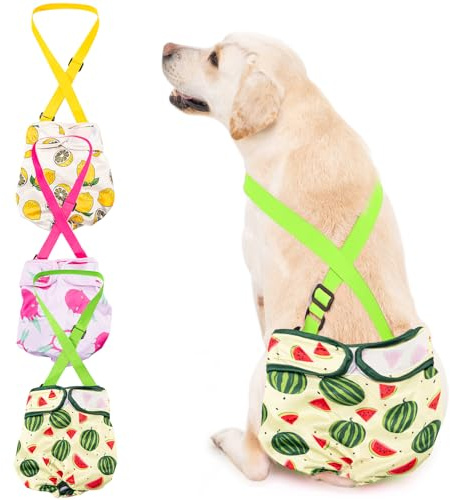 3-pack avont tvättbar kvinnlig hundblöja med hängslen, återanvändbar flicka hundblöjor för liten medium stor vovve under värmekscykelperiod inkontinens – XS frukt grön/gul/rosa