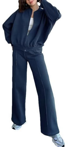 amropi Chándal de Mujer Chaqueta Sudadera con Cremallera y Pantalón Deporte Conjunto Azul Oscuro, XL