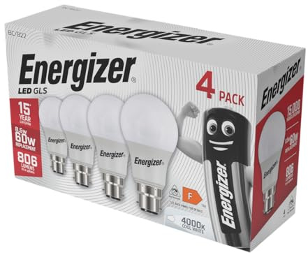 Energizer 60W LED Bayonet Light Bulbs B22/BC – 60 Watt Equivalent, 8.5W Energy-Saving, 806 Lumens, 4000K Cool White, Pack of 4
