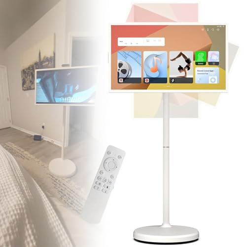 NzEupno Portable TV Smart Screen with Remote Control, Mobile TV Stand | Standing Touch Screen Monitor |Wireless Rolling TV on Wheels | Built-in Battery Full Swivel Rotation White-4+64G