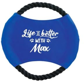 DEREGALOOS Frisbee Perro Personalizado con Nombre o Foto. Disco Volador de Cuerda Resistente para Mascotas. Juguete Interactivo en 3 Colores. Regalo Original para Dueños (Azul - Frase)