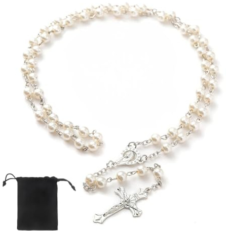 NOPKESV Collar de Rosario con Cruz Católica, 1 unidad, Rosariene, Regalos de Confirmación para Adolescentes, Perlas Imitación, Medalla Jesucristo San Benito, Cristianos Comunión, Bautismo (Blanco)