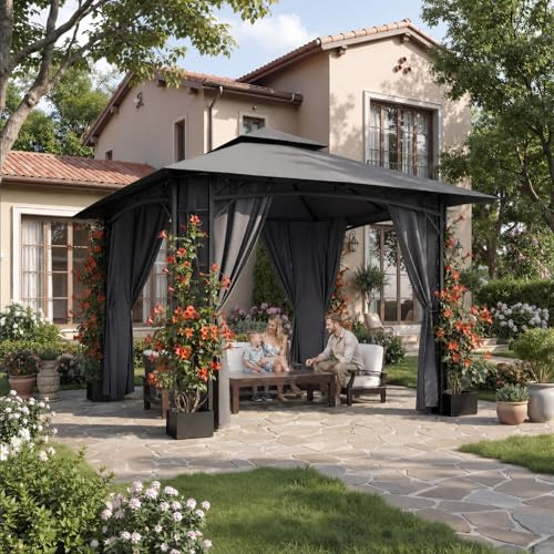 JUMMICO Garden Gazebo 3.3 x 3.3 m Iron with Flower Box, 4 Sidewalls, Stable, Wind and Weather Resistant – Metal Structure, Garden Furniture