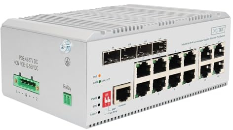 DIGITUS PoE Network switch - 12-port Gigabit Ethernet - 8x RJ45 + 4x SFP/RJ45 combo - L2 managed - 10/100/1000 Mbit/s - DIN rail mounting - Industrial series - white